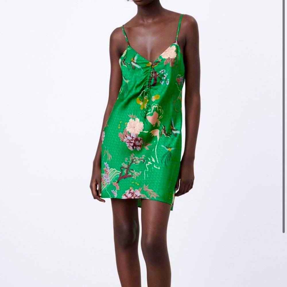 ZARA Floral Green Satin Slip dress